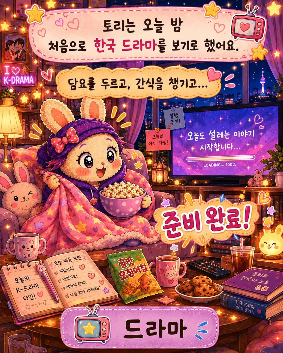 Tori今晚决定
第一次看韩剧。
披上毯子,准备好零食...
准备完毕!