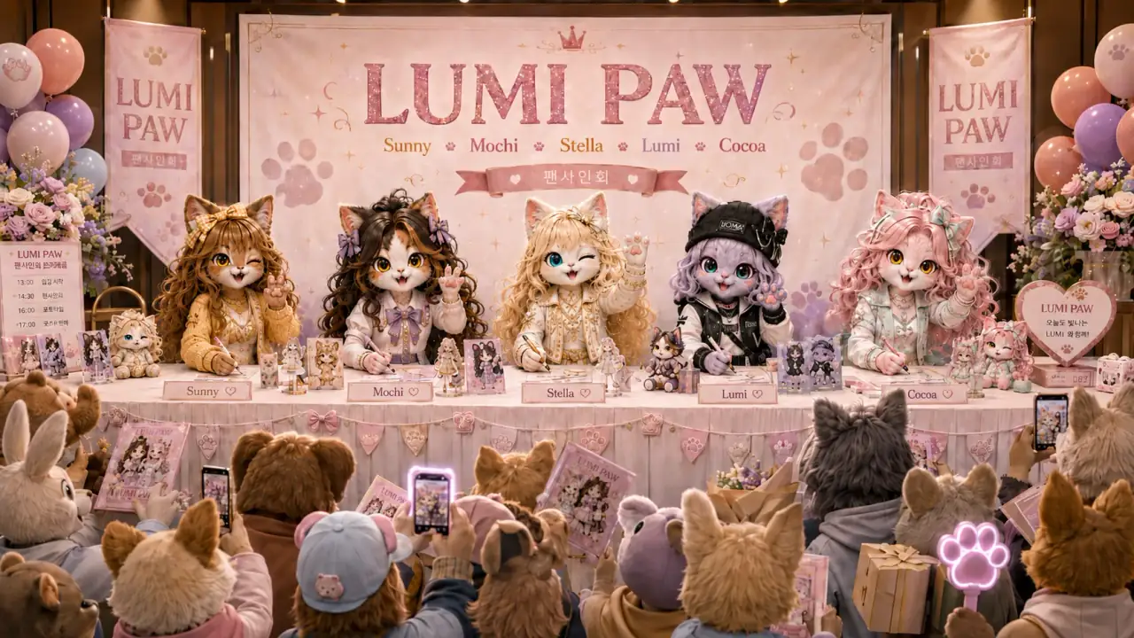LUMI PAW 五位成员在粉色见面会场与动物粉丝相见