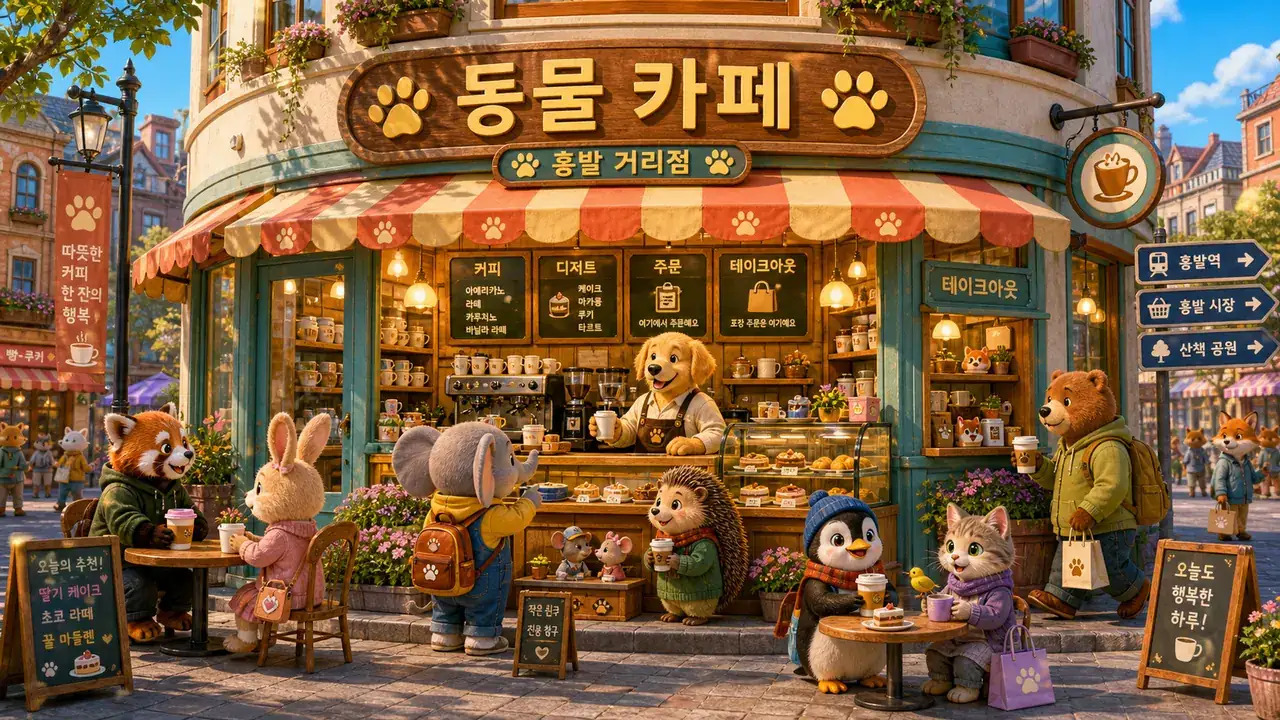 金毛店员经营的街角咖啡吧，柜台有咖啡机和点心柜，屋檐旁挂着杯子招牌
