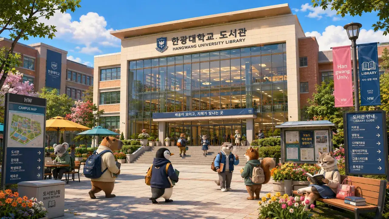 汉光大学玻璃幕墙图书馆，入口有导览牌、还书箱和阅读长椅