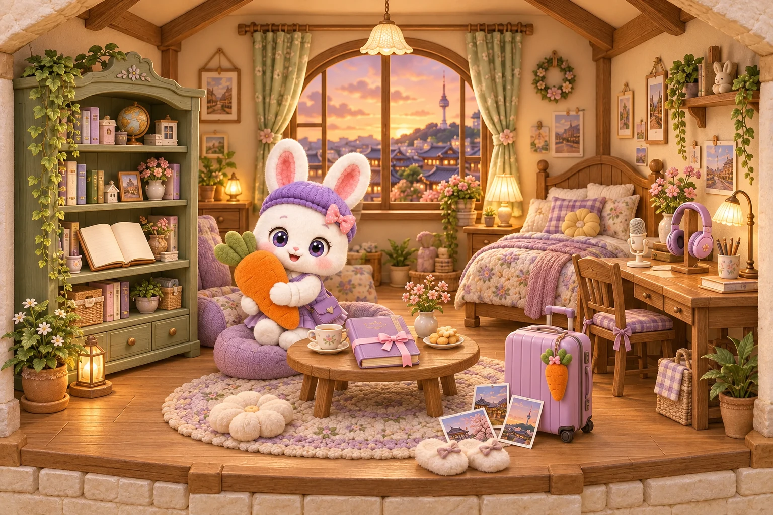 夕阳照进兔莉的温暖小屋，书架、日记、耳机和行李箱陪在兔莉身边。